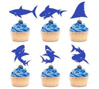 24 Pcs Shark Cupcake Toppers Cake Decoration, Blue Glitter Shark Fin Ocean Animals Shark Theme Baby Shower Kids for Birthday Party Wedding Anniversary Supplies