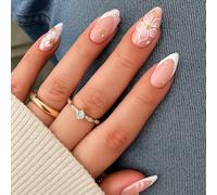 24 PCS Sheer Nude Pink Press On Nails - Almond French Tip Pearl White Marble Elegant Floral Design - Gold Pearl Detailing Tip Variation Modern Chic for Women