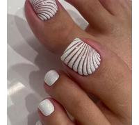 24 PCS Shell Pattern Glitter Toe Press on Nails, Reusable Acrylic Short Square Fake Toenails, White Nude Beach Style False Toenails for Women, Summer Toe Nail Art Decorations