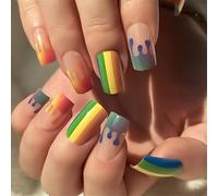 24 PCS Shiny Rainbow Stripe Press Nails On Short Square Nails French Tips for Women and Girls