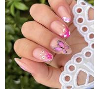 24 Pcs Short Almond False Nails Flowers Artificial Nails French Tip Stick On Glossy Press On For Woman