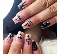 24 PCS Short Fake Nails Snake Print Fake Nails Devil's Eye Fake Nails Black with White Fake Nails Starry Mane Fake Nails Polka Dot Fake Nails Art for Women and Girls Daily Decoration