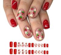 24 Pcs Short False Nails Flower Press On Detachable Full Covers Stick On Lovely Strawberry Artificial