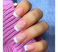 24 PCS Short False Nails French Fake Nails Love Heart with Pearl Design False Nails Pink & White False Nails Square Fake Nails Glossy False Nails Daily Decorative Art for Women and Girls