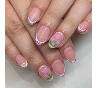 24 Pcs Short Oval False Nails Sweet Flowers Artificial Nails French Tip Stick On Nails Glossy Press On Nails For Woman
