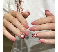 24 Pcs Short Oval Valentine's Day Pinch Nail Heart Design Press On Nail Artificial Nails for Women and Girls