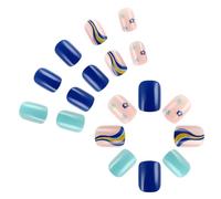 24 Pcs Short Press On Nails Blue Acrylic False Swirls Artificial Flowers Stick On For Party