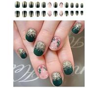 24 Pcs Short Round False Nails Christmas Press On Glittering Artificial Winter Full Covers Stick On