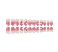24 Pcs Short Round Press On Nails Simple Acrylic False Glittering Artificial Peach Blossoms Stick On