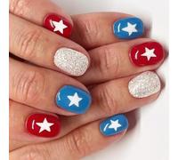 24 Pcs Short Round Star Acrylic False Nails 4th of July Artificial Independence Day Stick on