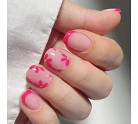 24 Pcs Short Square Acrylic Nails Lovely Flowers Full Covers Stick On French Tip Press On Glossy False