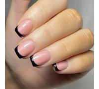24 Pcs Short Square Acrylic Nails Simple Full Covers Stick on Black French Tip Press on Simple False