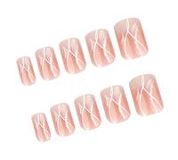24 Pcs Short Square Acrylic Nails Wavy Lines Full Covers Stick on French Tip Press on Glossy False