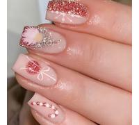24 Pcs Short Square Christmas Falling Nails Elegant Fall Press Nails Fall Glitter French Tips Sticks Snowflake On Nails