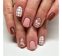 24 Pcs Short Square False Nails Flowers Artificial Glossy Stick on Striped Grids Press on for Woman