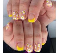 24 Pcs Short Square False Nails Flowers Artificial Nails French Tip Stick On Nails Glossy Press On Nails For Woman