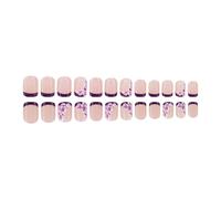 24 Pcs Short Square False Nails Flowers Artificial Nails French Tip Stick On Nails Glossy Press On Nails For Woman