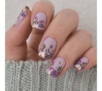 24 Pcs Short Square False Nails Flowers Press On Reusable Acrylic Glossy Full Covers Stick On For Woman