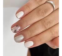 24 Pcs Short Square False Nails Flowers Press on Simple Acrylic Glossy Full Covers Stick on for Woman
