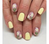 24 Pcs Short Square False Nails Flowers Yellow Acrylic Glossy Full Covers Stick on for Woman