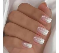 24 Pcs Short Square False Nails Gradients Full Covers Stick on Glittering False French Tip Press on