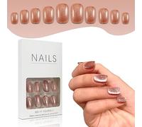24 PCS Short Square False Nails Press on Nails Full Cover Cat Eye Glitter Design Stick on Nails for Women Pink False Nails, French Nails Suitable for Fashion Manicures for Women and Girls