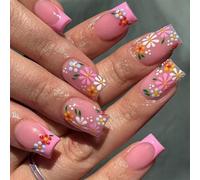 24 Pcs Short Square False Nails Sweet Flowers Press On Nails French Tip Acrylic Nails Glossy Full Covers Stick on Nails