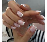24 Pcs Short Square Press on Nails, French White Tips False Nails in 12 Sizes, Acrylic Full Cover Stick on Nails with Jelly Glue Stickers, Reusable Fake Nail Set for Women and Girls DIY Decorations