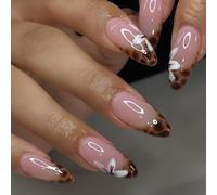 24 PCS Short Square Press On Nails With Nude Pink Base & Leopard Print Gradient Tip Featuring White Floral Pattern & Artistic Line Details - Glossy Manicure Set In Various Sizes For Women Fashion
