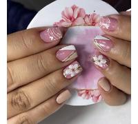24 Pcs Short Square Press On Nails With Sophisticated White Floral Heart Designs Artificial Nails For A Stylish Finish Elegant Nail Design