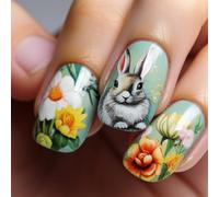 24 Pcs Short Square Stick On Nails Easter Rabbits Full Covers False Nails Green Press On Manicures Supplies