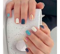 24 Pcs Short Stick on Nails Glossy Full Covers False Press on Cats Eye Artificial