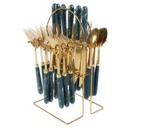 24 Pcs Silverware Set with Hanging Holder, Stainless Steel Flatware Set, Kitchen Utensil Tableware Set with Stainless Steel Knives and Forks and Spoons, Mirror Polished, Dishwasher Safe (Green)