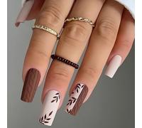 24 Pcs Simple Leaves Artificial Nails Mediums Coffin Full Covers False Nails Stylish Stick On Nails 3D Press On Nails