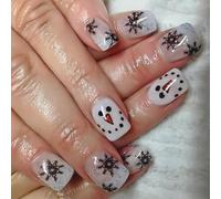 24 Pcs Snowflake Full Covers Stick On Nails Artificial Nails Lovely Snowmen False Nails Square Christmas Press On Nails