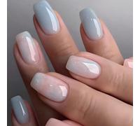 24 PCS Soft Baby Blue Press on Nails - Short Square Pastel Gradient Ombre - Glossy Finish Full Cover Natural Look Fake for Women High Gloss Finish Fresh Spring Summer Nail Style