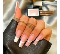 24 PCS Soft Nude Pink Base Long Press On Nails - Coffin with White Geometric Pattern Diamond - Minimalist Glam Nail Art for Women Stick On Chic Design for Stylish Look