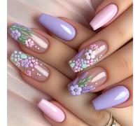 24 Pcs Solid Artificial Nails Short Ballerinas Full Covers False Nails Glossy Stick On Nails 3D Flowers Press On Nails