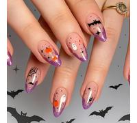 24 PCS Sparkling Witch Purple Press on Nails - Short Almond Shape Pumpkin Orange Pop Nude Rosy Base Midnight Black Spooky - Cute Nails Cartoon Ghost Pumpkin Art for Women