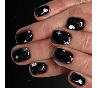 24 PCS Spider Web False Nails Halloween Artificial Nails Glossy Full Coverage Stick on Nail Short Four Way Press Claw Short Square False Spider Web Press Halloween Stick