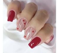 24 Pcs Square Press On Nails Glossy Artificial Heart Lines Full Covers Stick On Valentines Day False