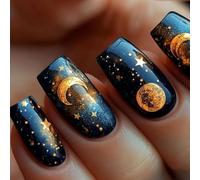 24 Pcs Square Press On Nails Space Themed Designs Moon Star Pattern Acrylic Glossy Full Covers For Women And Girls Wedding Nail Art