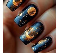 24 Pcs Square Press On Nails Space Themed Designs Moon Star Pattern Acrylic Glossy Full Covers For Women And Girls