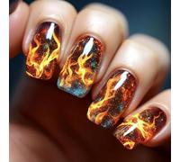 24 Pcs Square Shaped Press on Nails Medium Length False Nails with Aurora Red Flame Designs Glossy Fake Nail Full Cover Acrylic Nails Flame Stick on Nail for Women Manicure Decoration