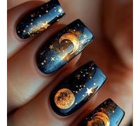 24 Pcs Square Space Themed Designs Star Pattern Acrylic Glossy Full Covers for Women and Girls Elegant Nail Tips