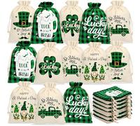 24 Pcs St Patrick's Day Gift Bag with Drawstring Shamrock Cotton Treat Bags Candy Pouch Sacks Irish Party Favor Bag Green Plaid Pouch Bag for Saint Patrick's Day Irish Party Supplies (5 x 7 Inch)