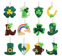 24 Pcs St. Patrick's Day Tree Ornaments Wooden Shamrock Horseshoe Hat Ornaments for Small Tree Craft Home Party Green Irish Hanging Decorations (Multi-Colored, 24 Pcs)