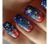 24 Pcs Star Artificial Nails Mediums Square False Colorful Stick On Independence Day Press On