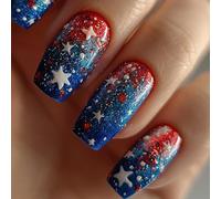 24 Pcs Star Artificial Nails Mediums Square False Colorful Stick On Independence Day Press On