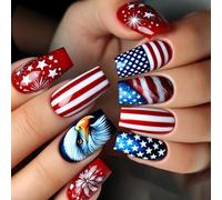 24 Pcs Star Artificial Nails Mediums Square Full Covers False Nails Flags Stick On Nails Independence Day Press On Nails